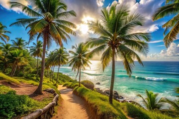 Warm sunshine casts a golden glow on a winding coastal path lined with palm trees, leading to a tranquil turquoise ocean and sandy shoreline.