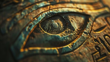 Obraz premium Close-up of a detailed metallic eye symbol, reminiscent of ancient Egyptian art.