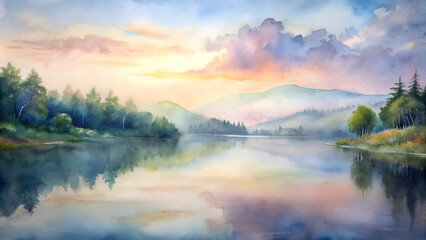 Serene lake landscape illustration in watercolor style with mountains and reflections
