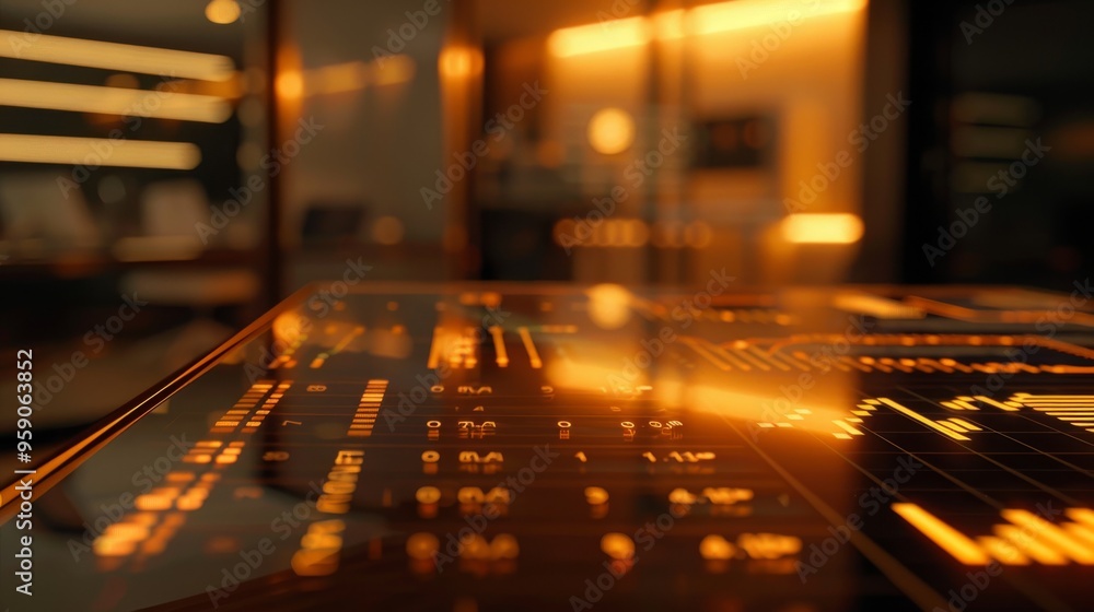 Poster close-up of a futuristic control panel with glowing orange lights and data displays.