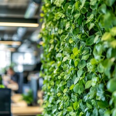 Closeup of a green living wall in a modern office setting.  The wall adds a touch of nature and vibrancy to the workspace.