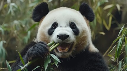 A giant panda munching on bamboo in a Chinese wildlife reserve, illustrating successful conservation efforts in preserving this species