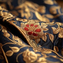Close-up of a luxurious blue fabric with gold and red floral embroidery. The intricate design creates a rich and elegant texture.
