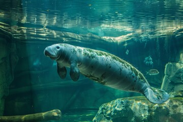 Gentle manatee, the sea cow, gracefully swims in a vibrant zoo aquarium environment