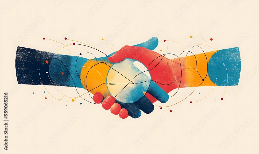 Poster abstract hands shaking with intertwined lines and dots