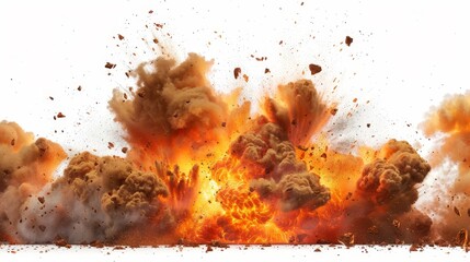massive explosion, flames and shockwave everywhere, Pure white background 