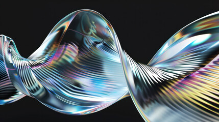Holographic ribbed waves with transparent glassmorphism design on black background. Abstract and futuristic motion with glass texture effects