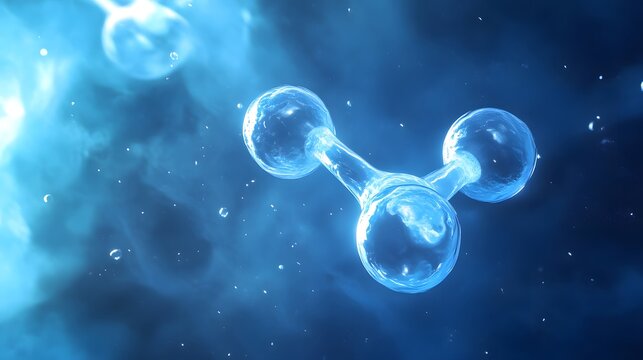 Oxygen Molecule: A pair of oxygen atoms forming an O2 molecule, connected by a double bond, floating in a blue-tinted space with a sense of movement. 
