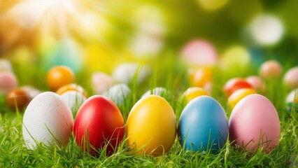 Naklejka premium Vibrant Easter Eggs Resting on Fresh Green Grass