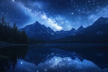Starry night sky reflected in a mountain lake.