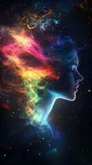 Fototapeta premium A beautiful woman's head is made of colorful paint, with a dark background and black space around her head