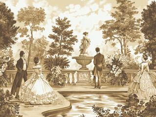 Elegant garden party: A Toile design capturing a sophisticated garden party in the 18th century, with guests dressed in ornate gowns and suits, walking among marble statues and fountains