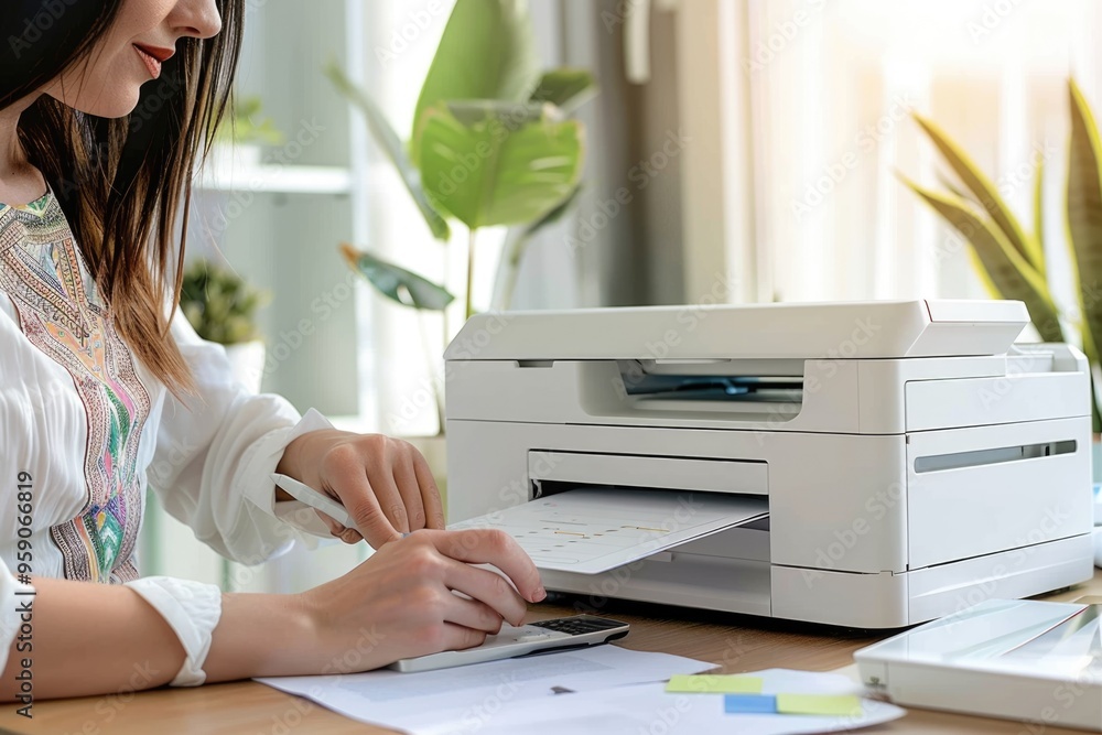 Poster a woman sits at a desk with a printer in use, suitable for office or workspace settings