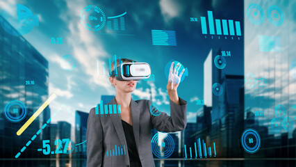 Woman searching dynamic data using hand sliding graph analysis by VR of future global innovation interface digital infographic network technology virtual hologram animation building view. Contraption.