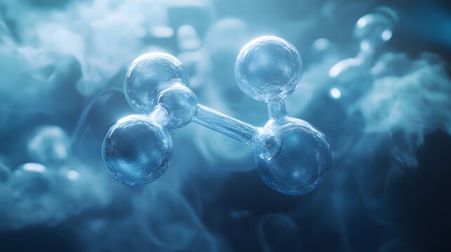 Oxygen Molecule: A pair of oxygen atoms forming an O2 molecule, connected by a double bond, floating in a blue-tinted space with a sense of movement. 
