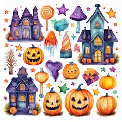 Watercolor set of halloween elements. Bright hand-drawn elements, pumpkins, houses, mushrooms, bones, skulls, stars, candies.
