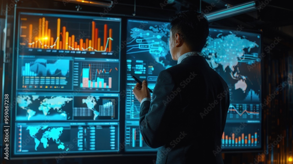 Aufkleber A businessman stands in front of a large screen displaying various graphs and data, potentially reviewing market trends or financial performance