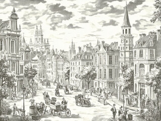 Historic cityscape: A Toile design featuring a bustling 18th-century European city, with narrow cobblestone streets, horse-drawn carriages, and towering church spires