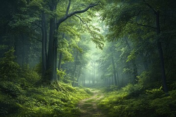 Obraz premium Forest path leading through dense foliage.