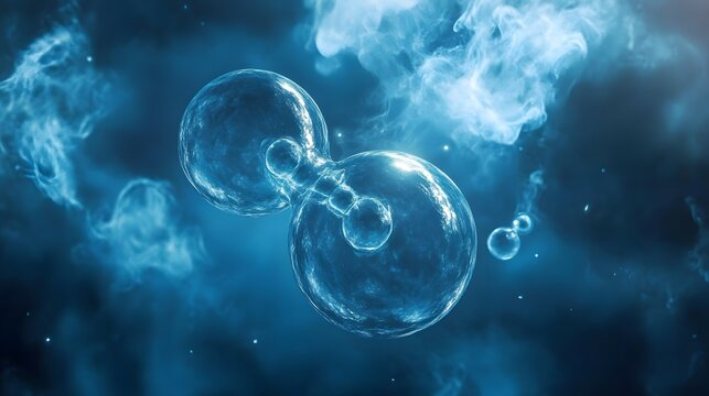 Oxygen Molecule: A pair of oxygen atoms forming an O2 molecule, connected by a double bond, floating in a blue-tinted space with a sense of movement. 

