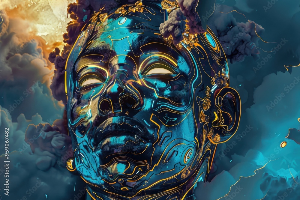 Poster a digital painting of a man's face with fluffy white clouds in the background