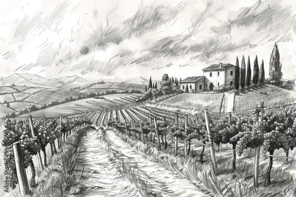 Poster a black and white drawing of a vineyard scene with rolling hills and rows of vines