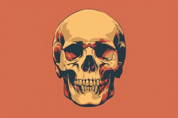 A skeleton with red eyes against a fiery backdrop