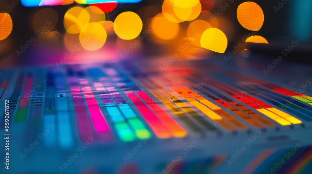 Poster closeup of colorful audio mixing console with out of focus bokeh lights in the background.