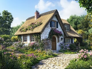 Charming stone cottage with thatched roof, blooming garden, and stone