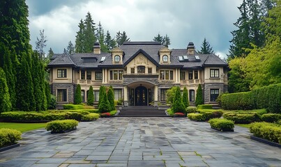 Fototapeta premium Grand Mansion with Stone Patio and Lush Greenery