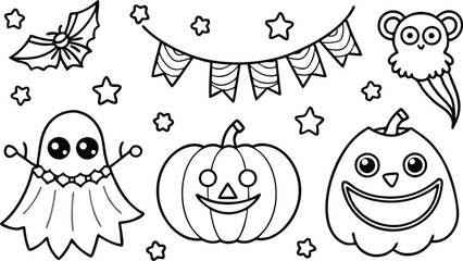 Cute Halloween holiday set - ghost, owl, pumpkin, star, candy, berry, branch, scary face, garland, witch hat, bat, moon, spider, web, jack o lantern isolated on white background. Vector illustration