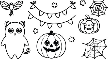 Cute Halloween holiday set - ghost, owl, pumpkin, star, candy, berry, branch, scary face, garland, witch hat, bat, moon, spider, web, jack o lantern isolated on white background. Vector illustration