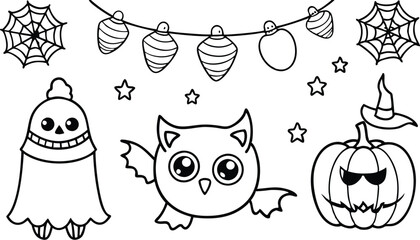 Fototapeta premium Cute Halloween holiday set - ghost, owl, pumpkin, star, candy, berry, branch, scary face, garland, witch hat, bat, moon, spider, web, jack o lantern isolated on white background. Vector illustration