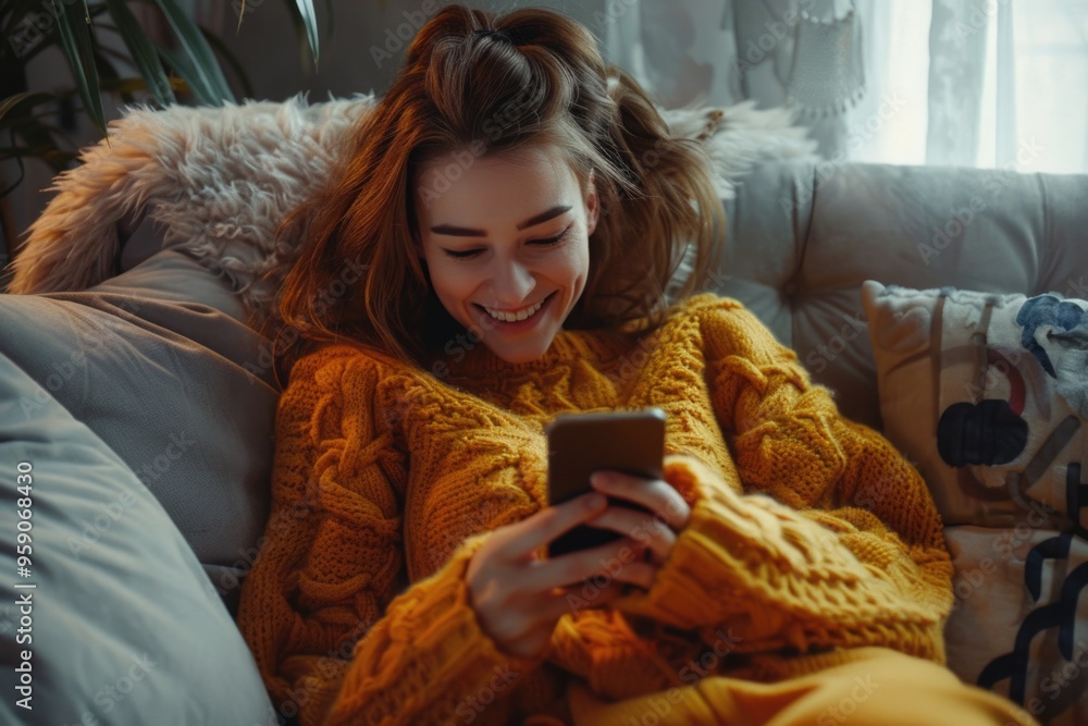 Poster a person sitting on a couch holding a cell phone, possibly checking messages or browsing the interne