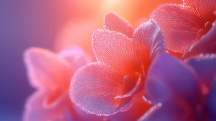 Obraz premium Close-up of delicate pink orchid petals illuminated by warm sunlight. Soft focus creates