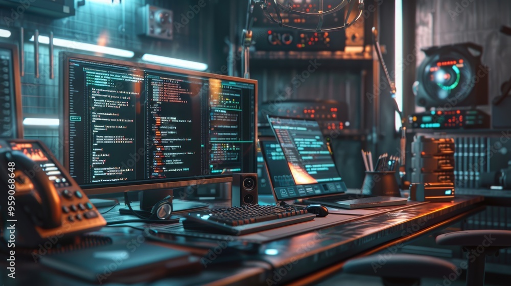Aufkleber A desk setup with two computer monitors and a keyboard, suitable for working or gaming