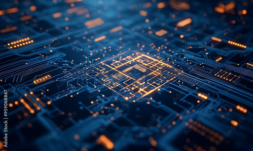 Poster glowing circuit board with central processor