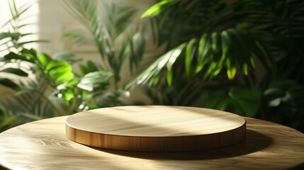 A wooden tray sits on a table surrounded by lush green plants in a well-lit indoor space during daylight hours