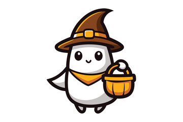 Halloween ghost holding a basket cartoon vector illustration