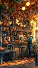 Obraz premium Pumpkin Spice Café with Cozy Autumn Vibes, Barista Serving Pumpkin Spice Lattes and Warm Lights