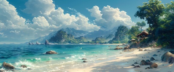 Fototapeta premium A picturesque tropical beach with crystal-clear turquoise waters, white sand, and lush green mountains in the background.