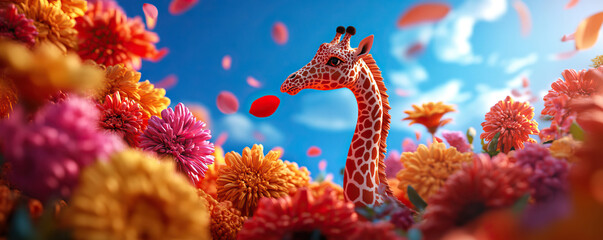 Obraz premium A whimsical giraffe surrounded by vibrant flowers under a bright blue sky, capturing the beauty of nature and joyful scenery.