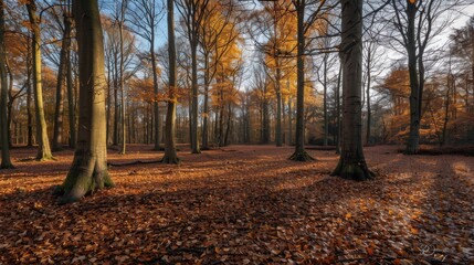 Obraz premium Stunning Autumn Forest Displaying Vibrant Fall Foliage Against a Clear Blue Sky in Natures Beauty