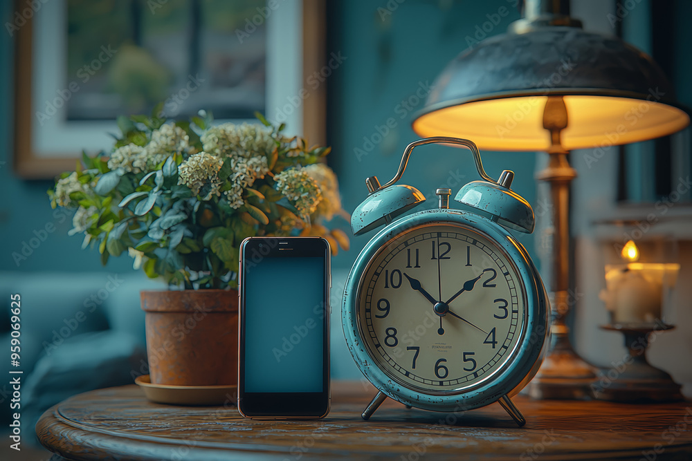 Poster a classic alarm clock beside a smartphone displaying the time, symbolizing the evolution of daily li