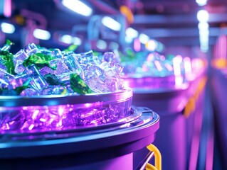 Close-up of industrial machinery with glowing lights and plastic components.