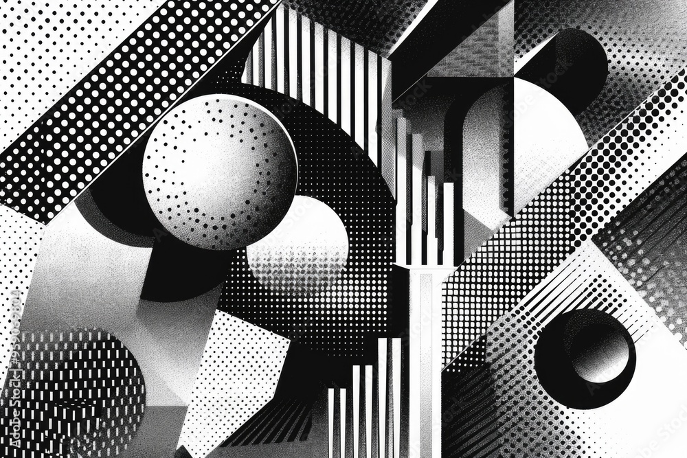 Poster A minimalist design featuring geometric shapes and patterns in black and white