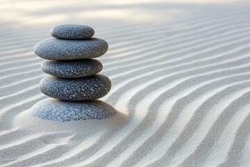 Stacked stones on wavy white sand.