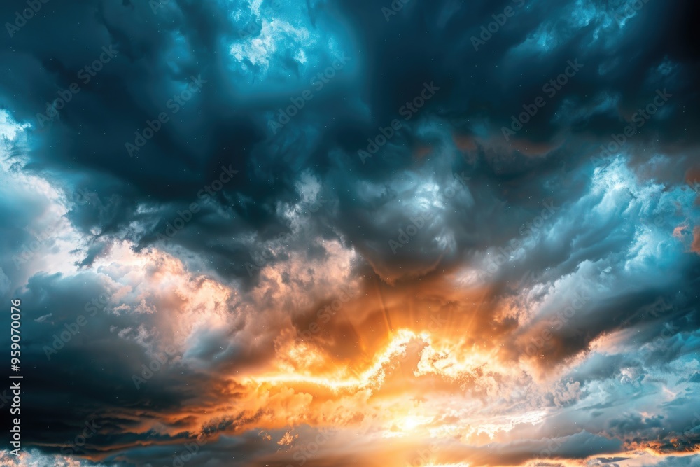 Poster a beautiful sunset scene with the sun setting behind the clouds over the open ocean