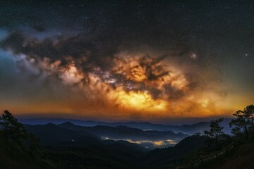 Fototapeta premium Milky Way above silhouetted mountains and town lights.