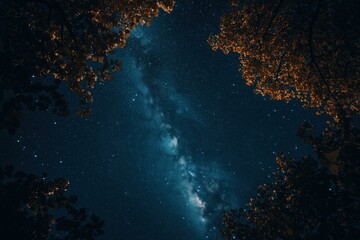 Milky Way framed by dark trees.